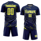 Custom Navy Neon Yellow-White Lines Sports Sublimation Soccer Uniform Jersey