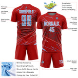 Custom Red Light Blue-White Lines Sports Sublimation Soccer Uniform Jersey