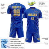 Custom Thunder Blue Old Gold-White Lines Sports Sublimation Soccer Uniform Jersey