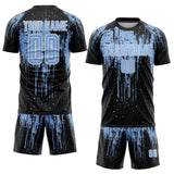 Custom Black Light Blue-White Dripping Splatte Pattern Sports Sublimation Soccer Uniform Jersey