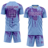 Custom Light Blue Purple-White Dripping Splatte Pattern Sports Sublimation Soccer Uniform Jersey