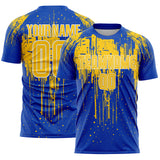 Custom Thunder Blue Yellow-White Dripping Splatte Pattern Sports Sublimation Soccer Uniform Jersey