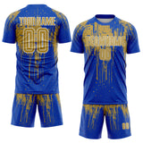 Custom Thunder Blue Old Gold-White Dripping Splatte Pattern Sports Sublimation Soccer Uniform Jersey