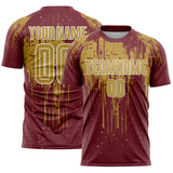 Custom Burgundy Old Gold-White Dripping Splatte Pattern Sports Sublimation Soccer Uniform Jersey