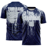 Custom Navy Silver-White Dripping Splatte Pattern Sports Sublimation Soccer Uniform Jersey