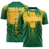 Custom Kelly Green Gold-White Dripping Splatte Pattern Sports Sublimation Soccer Uniform Jersey