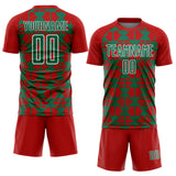Custom Red Kelly Green-White Geometric Shapes Sports Sublimation Soccer Uniform Jersey