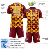 Custom Crimson Gold-White Geometric Shapes Sports Sublimation Soccer Uniform Jersey
