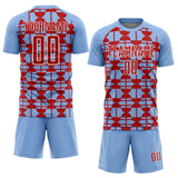 Custom Light Blue Red-White Geometric Shapes Sports Sublimation Soccer Uniform Jersey