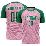Custom Light Pink Kelly Green-White Wavy Lines Sports Sublimation Soccer Uniform Jersey