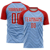Custom Light Blue Red-White Wavy Lines Sports Sublimation Soccer Uniform Jersey