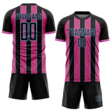 Custom Black Pink-Light Blue Pinstripe Line Sports Sublimation Soccer Uniform Jersey