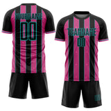 Custom Black Pink-Aqua Pinstripe Line Sports Sublimation Soccer Uniform Jersey