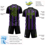 Custom Black Purple-Neon Green Pinstripe Line Sports Sublimation Soccer Uniform Jersey
