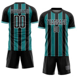 Custom Black Teal-White Pinstripe Line Sports Sublimation Soccer Uniform Jersey