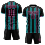 Custom Black Teal-Pink Pinstripe Line Sports Sublimation Soccer Uniform Jersey