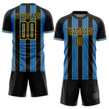 Custom Black Powder Blue-Yellow Pinstripe Line Sports Sublimation Soccer Uniform Jersey