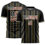 Custom Black Vintage USA Flag Olive-Cream Pinstripe Line Sports Sublimation Soccer Uniform Jersey