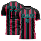 Custom Black Neon Pink-Aqua Pinstripe Line Sports Sublimation Soccer Uniform Jersey