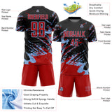 Custom Black Red-Light Blue Abstract Fragment Art Splash Sports Sublimation Soccer Uniform Jersey