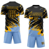 Custom Black Light Blue-Gold Abstract Fragment Art Splash Sports Sublimation Soccer Uniform Jersey