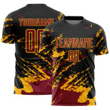 Custom Black Crimson-Gold Abstract Fragment Art Splash Sports Sublimation Soccer Uniform Jersey