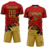 Custom Red Old Gold-Black Abstract Fragment Art Splash Sports Sublimation Soccer Uniform Jersey