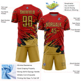 Custom Red Old Gold-Black Abstract Fragment Art Splash Sports Sublimation Soccer Uniform Jersey