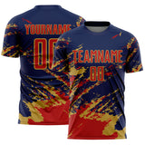 Custom Navy Red-Old Gold Abstract Fragment Art Splash Sports Sublimation Soccer Uniform Jersey