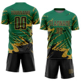 Custom Kelly Green Black-Old Gold Abstract Fragment Art Splash Sports Sublimation Soccer Uniform Jersey