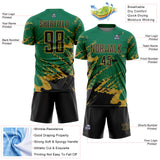 Custom Kelly Green Black-Old Gold Abstract Fragment Art Splash Sports Sublimation Soccer Uniform Jersey