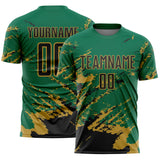 Custom Kelly Green Black-Old Gold Abstract Fragment Art Splash Sports Sublimation Soccer Uniform Jersey