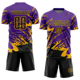 Custom Purple Black-Gold Abstract Fragment Art Splash Sports Sublimation Soccer Uniform Jersey