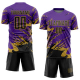 Custom Purple Black-Old Gold Abstract Fragment Art Splash Sports Sublimation Soccer Uniform Jersey