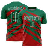 Custom Kelly Green Red-White Abstract Line Sports Sublimation Soccer Uniform Jersey