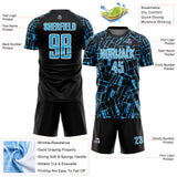 Custom Black Sky Blue-White Abstract Line Sports Sublimation Soccer Uniform Jersey