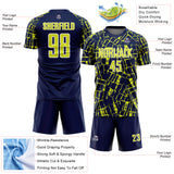 Custom Navy Neon Yellow-White Abstract Line Sports Sublimation Soccer Uniform Jersey