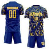 Custom Royal Yellow-White Abstract Line Sports Sublimation Soccer Uniform Jersey