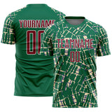 Custom Kelly Green Crimson Cream-White Abstract Line Sports Sublimation Soccer Uniform Jersey