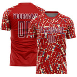Custom Red Crimson Cream White-Blue Abstract Line Sports Sublimation Soccer Uniform Jersey