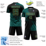 Custom Black Midnight Green-Old Gold Abstract Brush Stroke Sports Sublimation Soccer Uniform Jersey