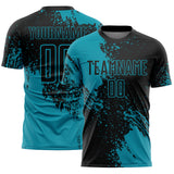 Custom Black Teal Abstract Brush Stroke Sports Sublimation Soccer Uniform Jersey