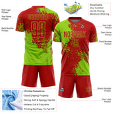 Custom Red Neon Green Abstract Brush Stroke Sports Sublimation Soccer Uniform Jersey