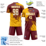 Custom Burgundy White-Gold Abstract Brush Stroke Sports Sublimation Soccer Uniform Jersey