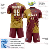 Custom Burgundy White-Old Gold Abstract Brush Stroke Sports Sublimation Soccer Uniform Jersey