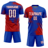 Custom Thunder Blue White-Red Abstract Brush Stroke Sports Sublimation Soccer Uniform Jersey