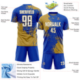 Custom Thunder Blue White-Old Gold Abstract Brush Stroke Sports Sublimation Soccer Uniform Jersey