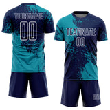 Custom Navy Teal-White Abstract Brush Stroke Sports Sublimation Soccer Uniform Jersey