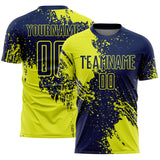 Custom Navy Neon Yellow Abstract Brush Stroke Sports Sublimation Soccer Uniform Jersey