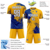Custom Gold White-Royal Abstract Brush Stroke Sports Sublimation Soccer Uniform Jersey